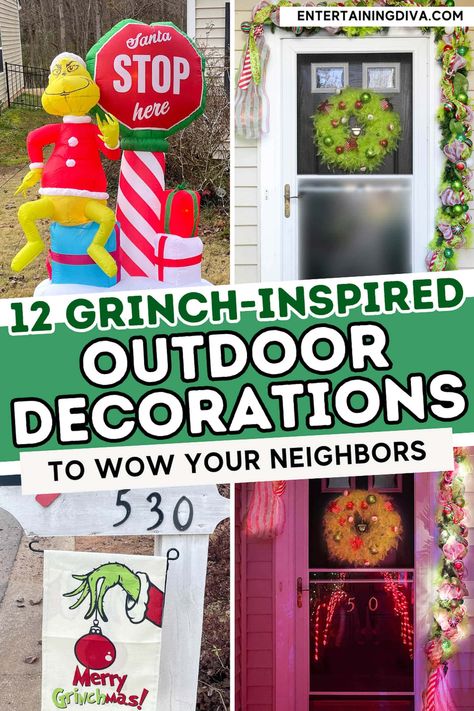 12 Grinch-inspired Outdoor Decorations To Wow Your Neighbors | Christmas Decorations Grinch Patio Decorations, Grinch Front Porch, Outdoor Grinch Christmas Decor, Grinch Outdoor Decorations, Grinch Outdoor Decor, Grinch Outdoor Christmas Decorations, Grinch Decorating Ideas, Christmas Pictures With Lights, Whoville Christmas Decorations