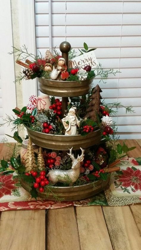 Metal Tiered Tray Decor, Teir Trays Decor Christmas, Christmas 3 Tier Tray Decor, Three Tiered Tray Decor Christmas, 3 Tier Tray Decor Ideas, 2 Tier Stand Decor, Odd Trinkets, Nativity Tiered Tray, Tier Decorations