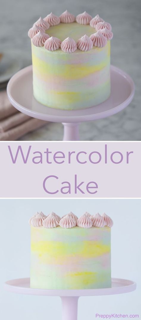 Simple Watercolor Cake with Buttercream + Tutorial on how to make it. Pink, Green, Yellow, Blue and white watercolor cake. #watercolor #cake #cakes #cakedecorarting #desserts #weddingcakes #DIY #howtomakecakes #sweet http://preppykitchen.com/watercolor-cake/ Baking Knowledge, The Best Vanilla Cake, Best Vanilla Cake, Watercolor Cakes, Italian Buttercream, Savory Cakes, Moist Vanilla Cake, Watercolour Wedding, Pastel Cakes