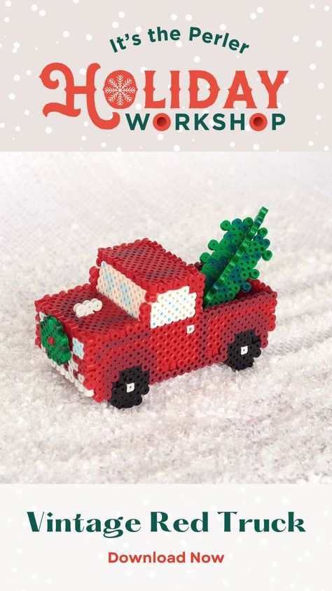 DIY craft for kids vintage red christmas truck with christmas tree and wreath made with Perler beads Christmas Perler Beads, Hamma Beads Ideas, Vintage Pickup, Easy Perler Beads Ideas, Vintage Red Truck, 3d Perler Bead, Perler Bead Templates, Diy Perler Bead Crafts, Perler Crafts