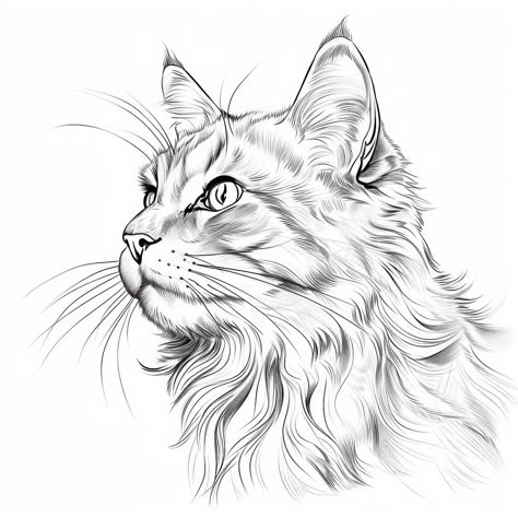 Black Fluffy Cat Drawing, Mainecoon Cat Drawing, Cat Face Sketch, Fluffy Cat Drawing, Cartoon Animal Art, Realistic Cat Drawing, Cats To Draw, Drawings Of Cats, Cat Face Drawing