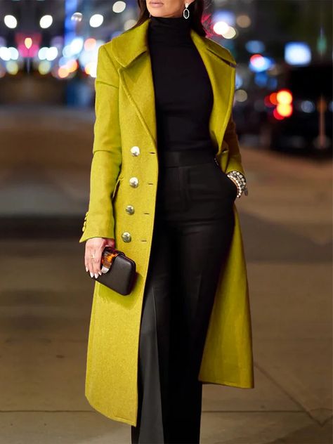 Elegant Lapel Collar Regular Fit Coat | stylewe Lapel Collar Coat, Chique Outfit, Yellow Coat, Video Tiktok, Types Of Coats, Fitted Coat, Collar Coat, Photography Lifestyle, Winter Mode