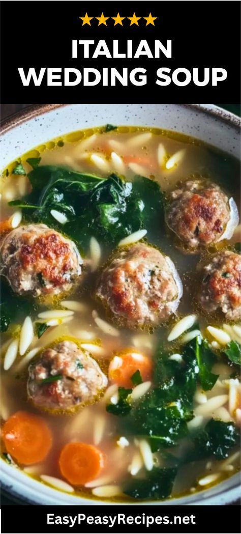 Warm up with a delicious bowl of Easy Italian Wedding Soup! This comforting dish mixes flavorful broth with tiny meatballs, fresh spinach, and tasty herbs – perfect for any weekday dinner or special occasion. Whether you’re looking to impress guests or enjoy a cozy meal at home, this recipe is your go-to. Discover how simple it is to whip up authentic flavors that everyone will love. Try out this ultimate Italian soup recipe today and savor each satisfying spoonful! Italian Meatball Wedding Soup, Italian Holiday Soup, Crockpot Italian Wedding Soup Easy, Italian Seafood Soup, Best Italian Wedding Soup Recipe, Soups With Spinach Recipes, Authentic Italian Soup Recipes, Easy Wedding Soup, Olive Garden Italian Wedding Soup Recipe