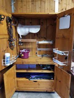 Tack Locker Ideas, Tack Locker Diy, Horse Locker Organization, Diy Tack Locker, Tack Locker Organization, Tack Locker Plans, Tack Armoire, Horse Tack Box Diy, Small Tack Room Organization