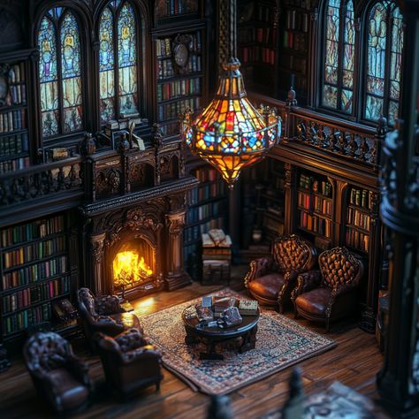 old gothic library, old books on all shelves, stained glass lamp, large velvet stuffed chairs Victorian Gothic Library, Tudor Library, Library Gothic, Spooky Library, Gothic Library, Victorian Library, Antique Library, Stained Glass Lamp, Lamp Large