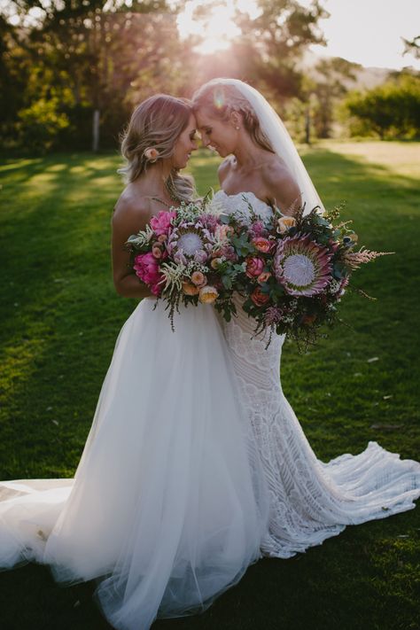 gorgeous brides with protea bouquets | wedding gowns | bridal | pink + white wedding | Cheap Wedding Reception, Lesbian Wedding Photography, Lgbtq Couples, Gay Weddings, Lgbt Wedding, Two Brides, Girlfriend Goals, Girl Friends, Lgbtq Wedding