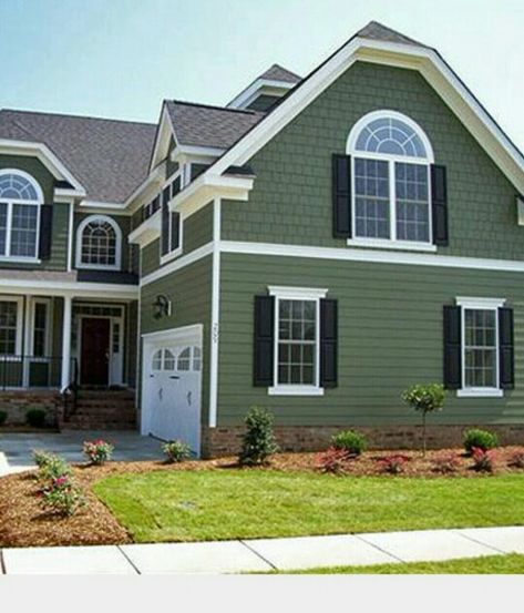 I'm painting our house this color with black shutters. Green House Siding, Green Siding House, Green House Paint, Green Exterior House, Sage Green House, Green Exterior Paints, Green Exterior House Colors, Green House Exterior, Green Siding