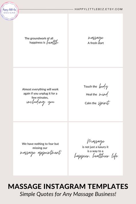 Upgrade your Instagram feed with these incredible pre-made posts. These have been specially crafted for Massage Therapists! Included are 50 quotes about the art of massage, well-being, and taking care of oneself. Some are uplifting, some are humorous, and some serve as gentle reminders to schedule a session with you (because that's always a great idea to share!). Enhance your feed with these amazing visuals and let the world know about your expertise. #massage #wellness #selfcare #massagetherapy Massage Social Media Posts, Massage Post Ideas, Massage Therapy Instagram, Wellness Careers, Massage Therapy Quotes, Massage Wellness, Massage Marketing, Massage Therapy Rooms, Wellness Selfcare