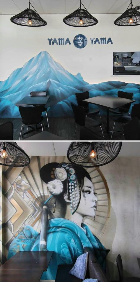 Japanese Mural Wall Art, Japanese Mural, Japanese Commercial, Restaurant Japanese, Indoor Mural, Living Room Paintings, Unique Living Room, Room Paintings, Geisha Art