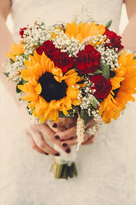 Sunflower Burgundy Bouquet, Red Roses Sunflowers Bouquet, Burgundy And Yellow Floral Arrangements, Red And White Roses With Sunflowers, Simple Fall Wedding Bouquets With Sunflowers, Bridal Bouquet Sunflowers And Roses, Sunflowers And Red Roses Bouquet, Sunflower Rose Bouquet Wedding Ideas, Wedding Bouquets Sunflowers And Roses