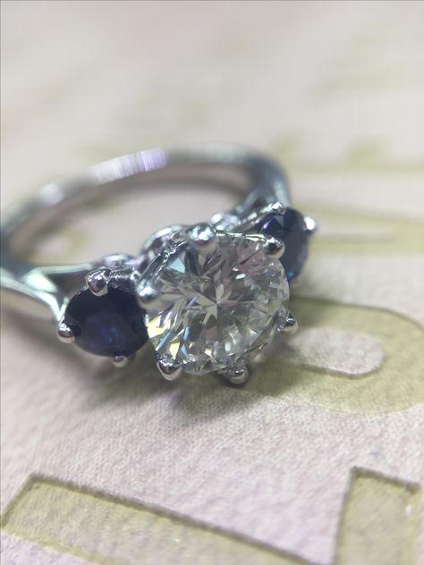 Round Diamond With Emerald Side Stones, Engagement Ring Sapphire Side Stones, Divorce Ring, Sapphire Side Stones, Diamond And Sapphire Ring, Trilogy Engagement Ring, Mothers Ring, 3 Stone Ring, 3 Stone Engagement Rings