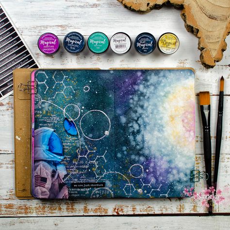 Galaxy Journal Ideas, Galaxy Junk Journal, Painting On Book Pages, Space Scrapbook, Space Notes, Yearbook Cover, Mixed Media Art Journal, Art Alevel, Easy Mandala Drawing