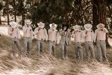 Groomsmen In Cowboy Hats, Groomsmen With Cowboy Hats, Wedding With Cowboy Hats, Bride And Groom Cowboy Hats, Groomsmen Cowboy Hats, Groom Cowboy Hat, Cowboy Hat Wedding Grooms, Cowboy Groomsmen Attire, Pink Groomsmen Suits