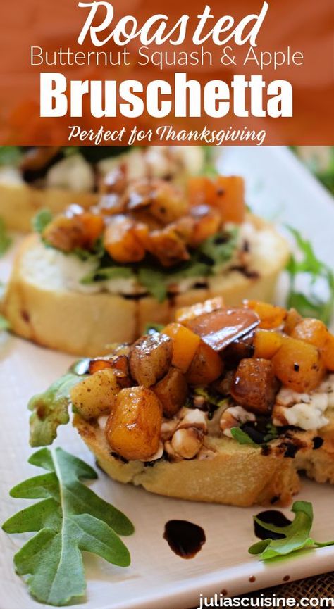 Roasted Butternut Squash & Apple Bruschetta Apple Bruschetta, Squash Bruschetta, Butternut Squash Appetizer, Fall Happy Hour, Squash Appetizers, Sauteed Butternut Squash, Autumn Gathering, Happy Hour Appetizers, Fall Appetizer