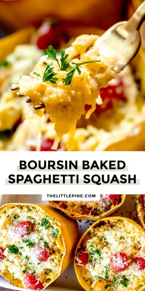 Baked Boursin Cheese, Cheese Spaghetti Squash, Baked Boursin, Boursin Cheese Recipes, Boursin Recipes, Spaghetti Squash Recipes Healthy, Spaghetti Squash Recipes Easy, Baked Feta Pasta, Baked Spaghetti Squash