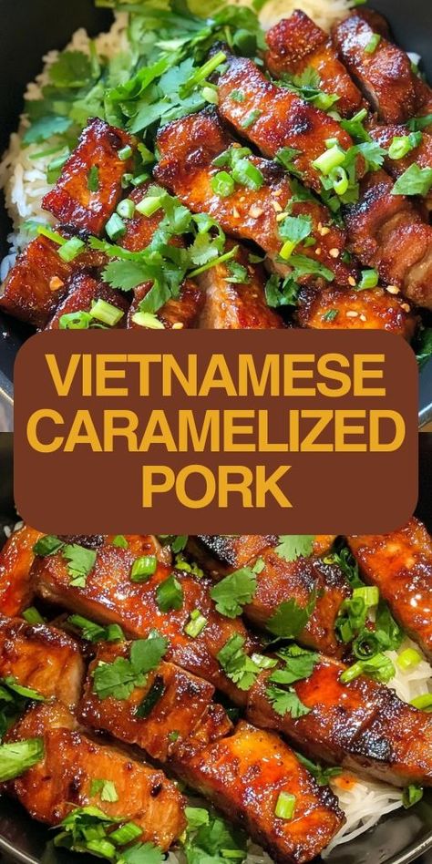 🍲 Bring flavor home with these Vietnamese Caramelized Pork Bowls! Tender pork is caramelized to perfection, paired with rice, and packed with authentic Vietnamese flavors. Easy to make, this dish is perfect for a quick dinner or meal prep. Save this recipe to bring the taste of Vietnam to your table! #CaramelizedPork #VietnameseFood #EasyDinner #MealPrep #AsianCuisine 🍛 Vietnamese Dishes Food Recipes, Easy Vietnamese Dishes, Vietnamese Chicken Recipes, Vietnamese Recipes Authentic, Vietnamese Pork Recipes, Easy Pork Recipes, Vietnamese Pork Chops, Pork Bowls, Vietnamese Food Recipes