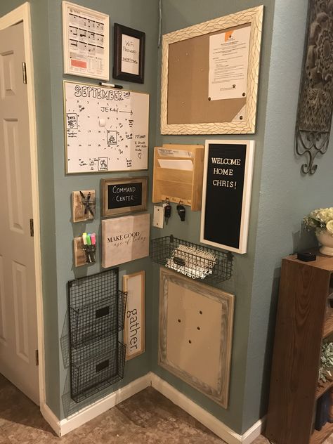 Home Information Center, Calander Organization, Home Owners Association Ideas, Rustic Command Center, Corner Command Center, Home Board Ideas, Command Station Wall, Small Command Center Ideas, Office Organization At Home