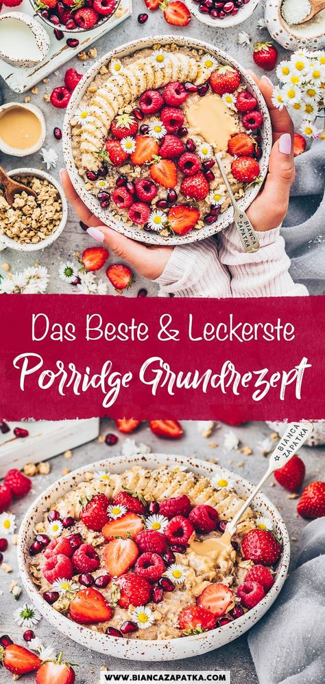 Porridge Grundrezept (Oatmeal, Haferbrei) | Vegan Healthy Porridge, Porridge Bowl, Protein Porridge, Porridge Ideas, Vegan Porridge, Cauliflower Porridge Breakfast, Mahnomen Porridge, Porridge Toppings, Oatbran Porridge