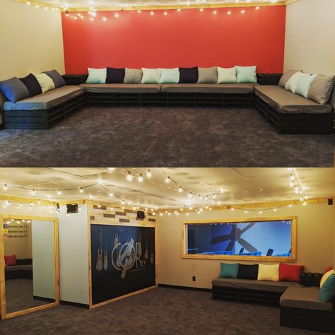 Youth Group Room Ideas, Youth Group Room Design, Church Youth Room Ideas, Calming Room Ideas, Church Stage Design Ideas Backdrops, Youth Room Church, Kids Ministry Rooms, Sunday School Room Decor, Youth Ministry Room