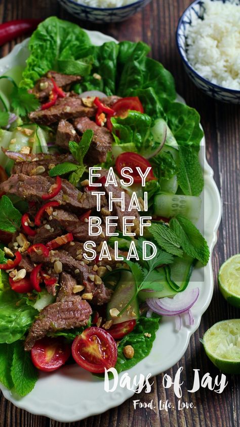 The ULTIMATE salad! This Easy Thai Beef Salad is packed with flavour. With juicy beef steak, fresh vegetables & fragrant herbs, the sweet & spicy Thai dressing is the secret ingredient in this mouthwatering dish. Thai Beef Salad Recipe, Spicy Dressing, Thai Beef Salad, Honey Lime Chicken, Thai Beef, Beef Salad, Eat Beef, Small Food Processor, Honey Lime