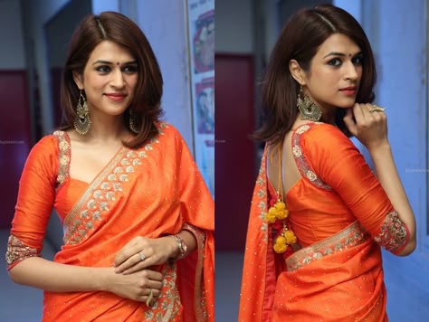 pentagon shaped neck blouse Orange Blouse Designs, Trending Blouse Designs, Trending Blouse, Best Blouse Designs, Saree Blouse Neck Designs, New Saree Blouse Designs, Pretty Orange, Blouse Design Images, Sari Blouse Designs