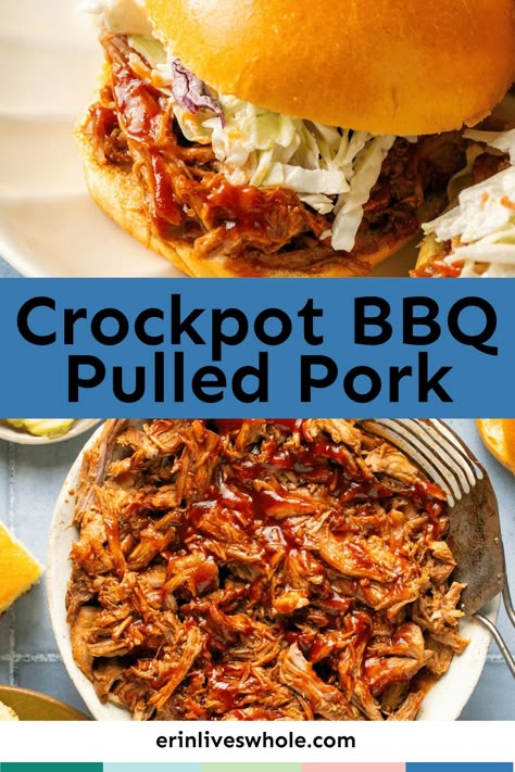 Tonight's dinner just got way easier! This Crockpot BBQ Pulled Pork is a simple recipe that combines lots of ease and even more flavor. With 8 servings, this dish is great for a crowd! Pulled Pork In Crockpot, Pork In Crockpot, Bbq Pork Crockpot, Easy Pulled Pork Crock Pot, Crockpot Pulled Pork Bbq, Recipes For Sandwiches, Crock Pot Pulled Pork, Erin Lives Whole, Bbq Pulled Pork Slow Cooker