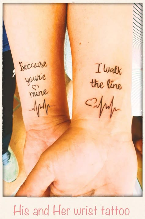 Today we finally got our tattoos! We've been married 20yrs, and almost lost my hubbie to 5! heart attacks and total kidney failure just 10 wks ago😓 So to celebrate our love, for each other and blues we choose this beautiful text from Johnny Cash, I walk the line. With a heart line to remember on the dark times we've been true. Love it!!! #couplestattoosmarried Because Your Mine I Walk The Line Tattoo, We Got This Tattoo, Tattoos Husband And Wife, Johnny Cash Tattoo Ideas, Married Couple Tattoos Unique Love, Matching Tattoos For Married Couples, Husband And Wife Tattoos Meaningful, Matching Tattoos Couples Meaningful, Country Couple Tattoos