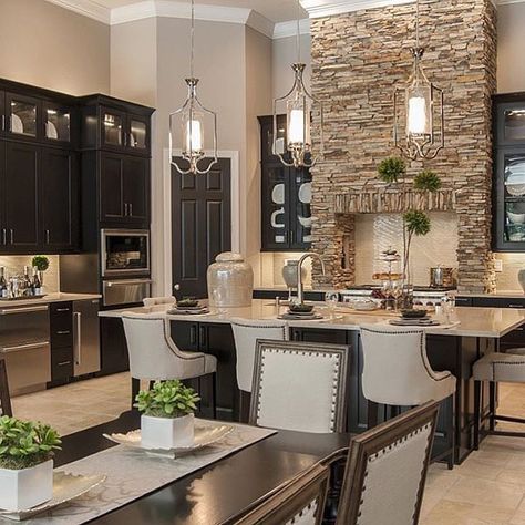 Taupe walls, dark cabinets, stone wall Kitchen And Dining Room, Transitional Kitchen, Open Concept Kitchen, Living Room With Fireplace, Island Lighting, Kitchen Pantry, Design Case, Beautiful Kitchens, Open Concept