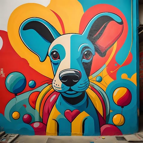 suitable for Pinterest:"Colorful and joyful dog mural - a burst of vibrant energy and happiness. 🐶🌈 #StreetArt #DogArt #ColorfulMural" Pet Mural Ideas, Dog Graffiti Art, Dog Mural Ideas, Dog Mural Wall, Vet Mural, Dog Murals, Dog Mural, Dog Graffiti, Art Shed