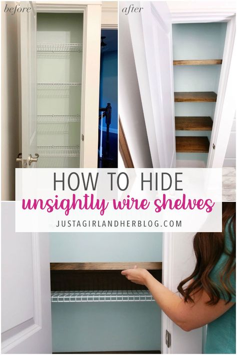 Learn how to hide wire shelving with these easy DIY wood faux floating shelves! | #wireshelves #diyshelves #woodshelves #floatingshelves How To Hide Shelves, Faux Shelves Diy, Small Pantry Wire Shelving Ideas, How To Hide Storage Shelves, Hide Shelves Ideas, Hiding Wire Shelving, Floating Shelves Over Wire Shelves, Wooden Shelves Over Wire Shelves, Faux Floating Shelves Over Wire