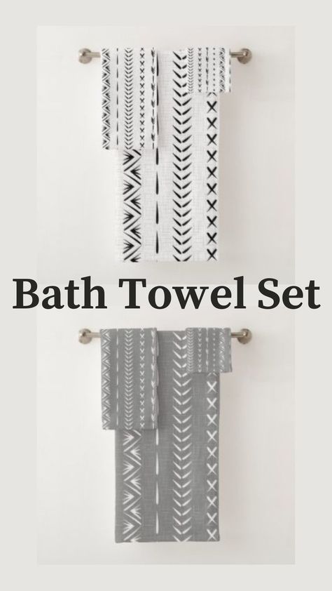 Turn your bathroom into your own personal oasis with a beautiful towel perfect for drying you off in style. Modern home decor pattern with ethnic motifs. Herringbone, arrow, zig zag, dots, on crosshatched style background. Afro Boho, Mudcloth Pattern, Boho Black And White, White Bath Towels, Patterned Bath Towels, White Bathroom Decor, Ethnic Motifs, Style Background, White Bath