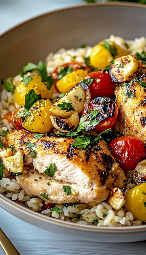 Experience a burst of flavors with our Flavor-Packed Mediterranean Chicken and Rice Bowl! This wholesome dish features marinated chicken, cooked to perfection, served over a bed of fluffy rice and topped with vibrant Mediterranean ingredients. Loaded with fresh veggies, olives, and a drizzle of tangy dressing, this bowl is both nutritious and delicious. Ideal for meal prep, this recipe is perfect for busy weeknights or when you crave a healthy, hearty meal. Mediterranean Chicken And Rice Bowl, Mediterranean Chicken And Rice, Chicken And Rice Bowl, Mediterranean Ingredients, Mediterranean Rice, Mediterranean Bowl, Mediterranean Chicken Recipes, Mediterranean Bowls, Low Calorie Chicken