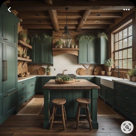 Green Cabinets Kitchen Rustic, Dark Green Kitchen With White Cabinets, Green Kitchen With Brown Cabinets, Blue Cabinets Green Walls, Dark Green Cottage Kitchen, Pine Green Kitchen Cabinets, Cabin Green Kitchen, Green Walls Wood Cabinets, Green And Dark Wood Kitchen