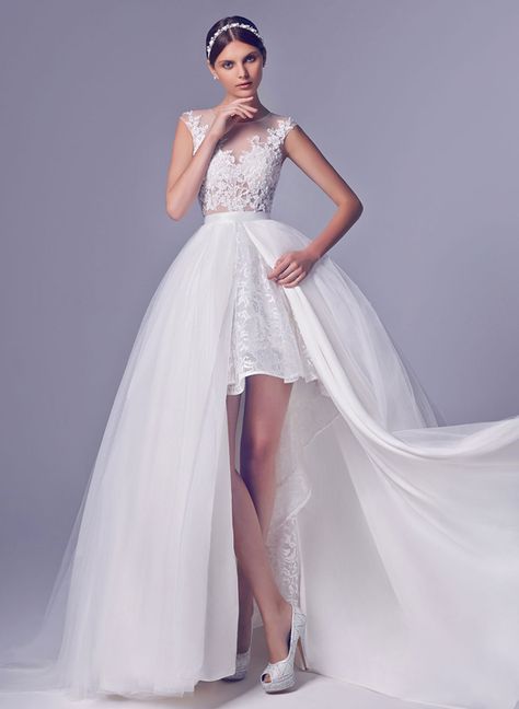 While we absolutely adore long, flowing gowns, we also have a weakness for short wedding dresses with a classy and timeless touch! If you are looking for an unconventional short dress that is fun yet elegant, a chic design that is less formal but still oozes glamour, a tea length dress that shouts vintage, or … Wedding Dresses With Long Train, Amy White, Detachable Train Wedding Dress, Short Wedding Gowns, Short Wedding Dresses, Wedding Dresses High Low, Detachable Skirt, Mini Wedding Dresses, Long Train Wedding Dress