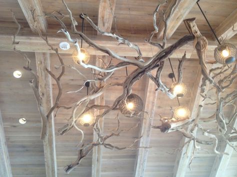 Awesome light fixture against wood ceiling in Omni Amelia Island Drift Wood Chandelier Diy, Vide Lamp, Omni Amelia Island, Stick Season, Branch Chandelier, Wood Branch, Wood Ceiling, Diy Chandelier, Wood Chandelier