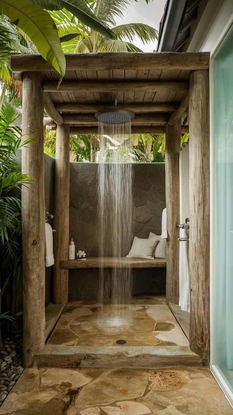 Jungle Shower Bathroom, Rainforest Shower Bathroom, Tropical Shower Bathroom, Jungle Bathroom, Rainforest Shower, Outside Showers, Outdoor Shower Enclosure, Indoor Outdoor Bathroom, Outdoor Bathroom Design