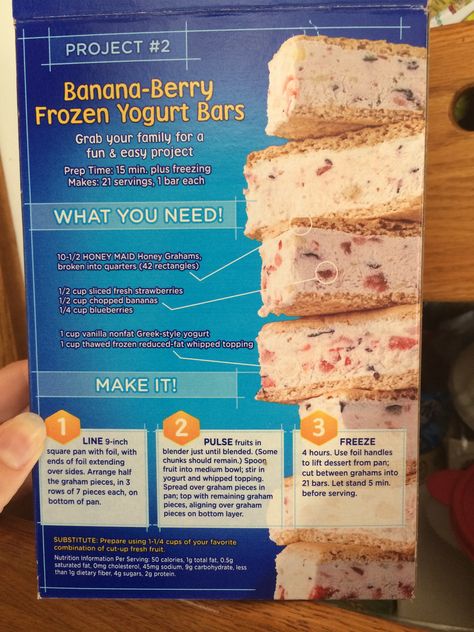 Found this on the back of a graham cracker box. Wanna try so bad Banana Frozen Yogurt, Yogurt Bars, Frozen Yogurt Bar, Weight Watcher Desserts, Yogurt Bar, Square Pan, Weight Watchers Desserts, Can You Help Me, Yogurt Recipes