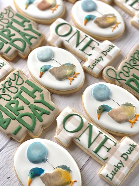 One Lucky Duck Birthday Party Cookies, Duck Hunting Themed 1st Birthday, One Lucky Duck First Birthday Party, Mallard First Birthday Party Boy, One Lucky Duck Birthday Party Mallard Cake, Mallard Duck 1st Birthday, 1st Birthday Boy Duck Theme, Mallard Birthday Theme, Mallard Duck Cookies