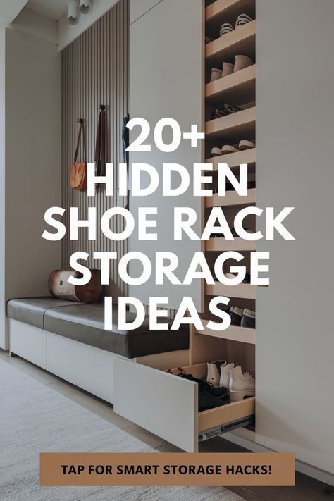 Upgrade your home with these hidden shoe storage cabinet ideas! Whether it's a stylish hallway cabinet, a pull-down shoe rack, or a hidden drawer, these clever solutions will keep your shoes organized and out of sight. Click to explore smart storage ideas! Pull Out Shoe Cabinet, Shoe Storage For Large Families, Discreet Shoe Storage Entryway, Concealed Shoe Storage, Modern Shoe Cabinet Design Entryway, Shoe Storage On Stairs, Shoe Coat Storage Entrance, Under Stairs Shoe Storage Ideas, In Wall Shoe Storage