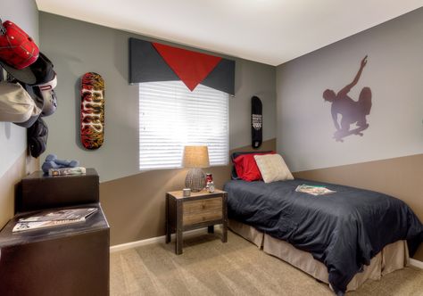 Boy's room - skateboard themed bedroom decor #FindYourHome #DRHorton Bedroom Inspirations Teenage, Nursery Room Boy, Themed Bedroom, Bohemian Bedroom Decor, Bohemian Bedroom, Boys Bedrooms, Room Ideas Bedroom, Bedroom Themes, Grey Walls