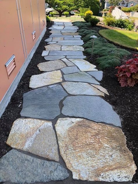 Flagstone Patio And Walkway, Flat Rock Landscaping Ideas, Stone Walkway Front Of House, Flat Stone Patio Ideas, Flat Rock Walkway, Simple Walkway Ideas, Rock Patios, Stone And Rock Pathway, Flat Stone Walkway Pathways