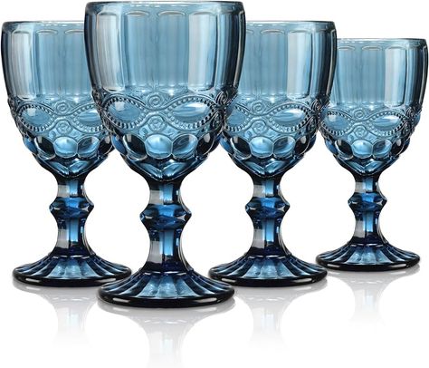 Joeyan 300ml Blue Vintage Glass Wine Goblet,Heavy Stemmed Wine Glasses Set of 4,Romantic Embossed Drinking Glasses for Party Wedding Table Decoration, Dishwaher Safe : Amazon.co.uk: Home & Kitchen Blue Wine Glasses, Vintage Wine Glasses, Colored Glassware, Glassware Collection, Water Goblets, Wine Goblets, Vintage Wine, Wine Cups, Glassware Set