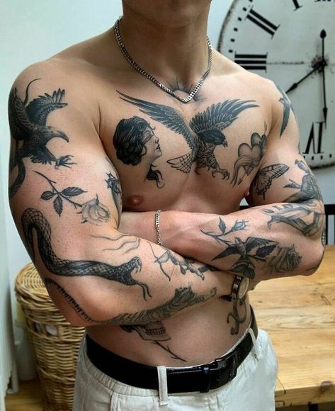 Upper Body And Arms Patchwork Tattoos Patchwork Tattoo Aesthetic, Faith Wrist Tattoo, Gentleman Tattoo, Tattoed Guys, Patchwork Tattoos, Animal Tattoos For Men, Tattoo Pierna, Patchwork Tattoo Ideas, Animal Sleeve Tattoo