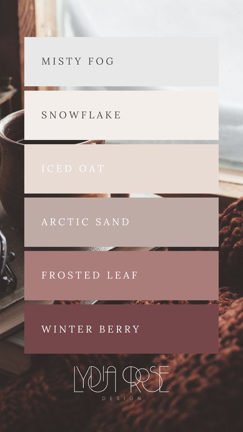 This winter color palette is a beautiful mix of soft red and warm beige tones, featuring berry red, soft red, beige grey, off-white, grey, and beige. Perfect for creating a cozy, warm brand aesthetic or a charming winter wedding, these hues evoke a sense of comfort and elegance. Ideal for a brand color palette or winter wedding theme, the blend of muted reds and soft neutrals creates a sophisticated and inviting atmosphere, capturing the warmth and romance of the winter season. Dusty Rose And Grey Color Palette, Dusty Colour Palette, Red Wedding Palette, Palette Winter, Branding Color Palettes, Brand Palette, Winter Palette, Designer Branding, Winter Color Palette