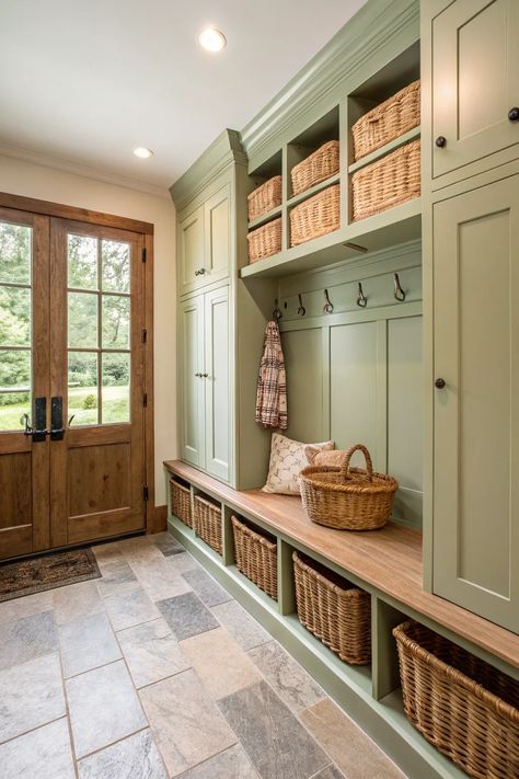 21+ Stylish Mudroom Ideas to Transform Your Entryway Hallway Closet, Mudroom Ideas, Mudroom Design, Entryway Mudroom, Woven Baskets Storage, Durable Flooring, Heated Floors, Bench With Shoe Storage, Wooden Bench