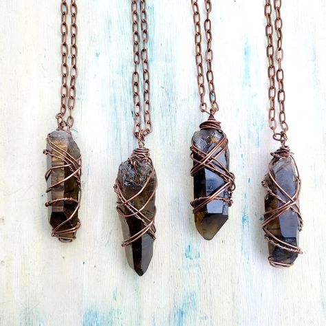 Lemurian Smokey Quartz Crystals in Copper. #lemurianquartz #smokeylemurian #lemuriancrystal #lemuriannecklace Wore Wrapped Crystal, Wire Wrapped Crystal Pendant, Lemurian Crystal, Earthy Jewelry, Wire Wrapping Crystals, Copper Necklace, Smokey Quartz, Crystal Quartz, Quartz Points