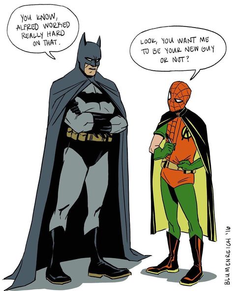 Batman and Spider-Man / Spider-Robin by Hannah Blumenreich "these new recruits are so troublesome #commission" Marvel X Dc, Spider Man Batman, Batman Crossover, Spiderman Crossover, Dc Crossover, Dc Comics Funny, Spiderman Funny, Fandom Fanart, Robin Dc