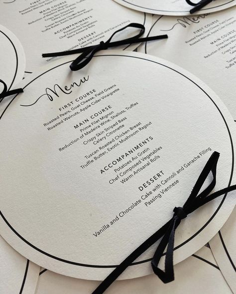 Modern black and white wedding day menu with bow detail. Created by Maryland luxury wedding stationer Turnage + Watts. Modern Black And White Wedding, Wedding Menus Design, Black And White Wedding Theme, White Wedding Theme, Black Bows, Luxury Invitation, Wedding Invitations Romantic, Wedding Menu Cards, Wedding Card Design