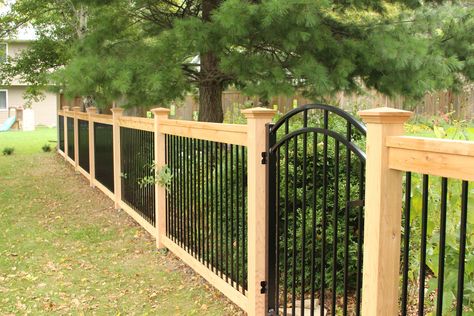 Wood Fencing - Qual Line Fence Fence Panels Ideas, Fence Panels Ideas Decor, Backyard Fence Design, Decorative Privacy Fence, Wood And Metal Bar, Natural Privacy Fences, Good Neighbor Fence, Gate Design Ideas, Fence Backyard