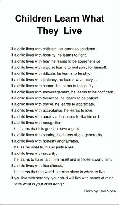 Children Learn What They Live by Dorothy Law Nolte PhD. A poem written on childrearing for a weekly family column for The Torrance Herald in 1954. The poem was widely circulated by readers as well as distributed to millions of new parents by a maker of baby formula. She copyrighted it in 1972, and in 1998 expanded it into a book, co-authored with Rachel Harris, "Children Learn What They Live: Parenting to Inspire Values." Children Learn What They Live, Uppfostra Barn, Positive Affirmations For Kids, Parenting Knowledge, Affirmations For Kids, Conscious Parenting, Smart Parenting, Mindfulness For Kids, Kids Behavior